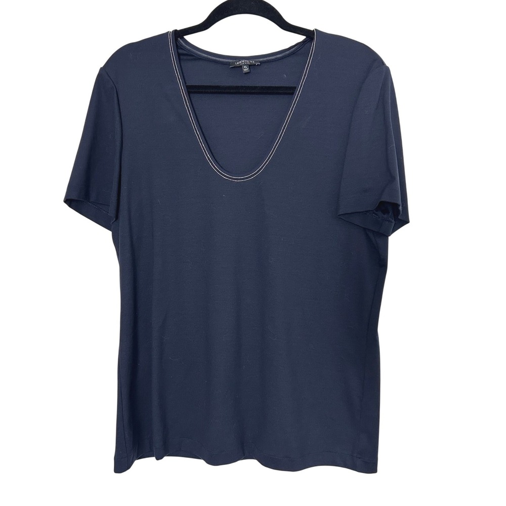 Lafayette 148 T-Shirt Women XL Navy Blue V-Neck Beaded Trim quiet luxery Basic